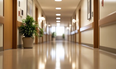 A long, empty hallway with tiled floors, wood-trimmed walls, and a potted plant.