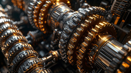 A close up of a large number of gears, some of which are gold