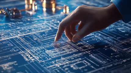 A hand is pointing at a blue drawing of a building