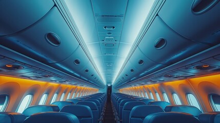 Fototapeta premium Empty airplane cabin with blue and orange light.