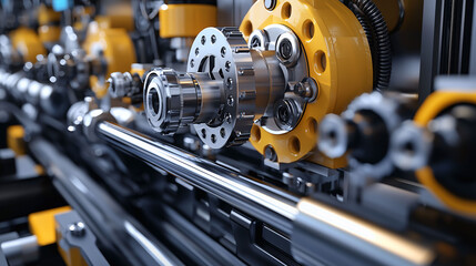 A machine with many parts and gears, with a yellow and black color scheme