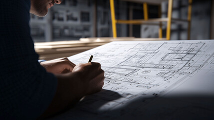 A man is drawing a blueprint of a building