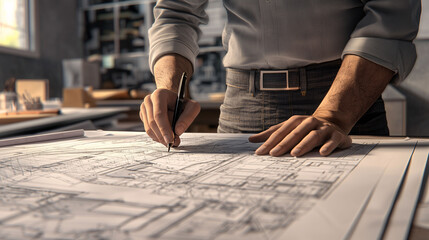 A man is drawing a building on a piece of paper