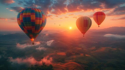 Obraz premium Four colorful hot air balloons fly over rolling hills and a valley at sunrise with the sun peeking through the clouds.