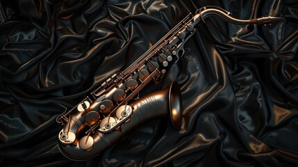Obraz premium A Black Saxophone Lying on Black Fabric