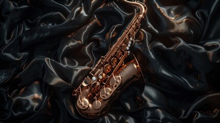 Obraz premium A Golden Saxophone Resting on Black Satin Fabric