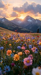 Fototapeta premium A vibrant landscape showcasing a colorful field of wildflowers in full bloom with mountains in the background and a stunning sunset casting golden light.