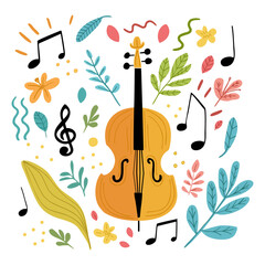 Decorative Cello Illustration with Musical Notes and Leaves © Oksana