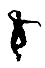 A graceful silhouette of a woman elegantly dancing on a plain white background