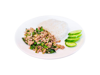 Thai street food concept. Minced pork with basil and cucumber sliced served with rice on a white plate isolated on white background.