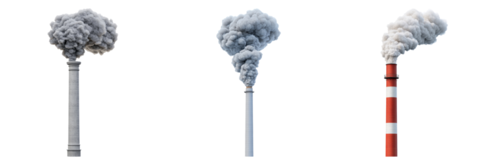 Three Isolated Smokestacks Emitting Smoke on a Transparent Background