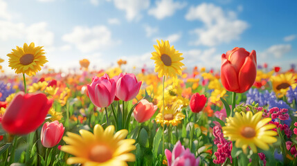 Fototapeta premium Vibrant and colorful flower field under a bright blue sky filled with sunlight and beautiful blooms