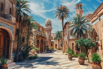 Fototapeta premium 3D rendering showcasing the historic architecture of an ancient Middle Eastern city, highlighting