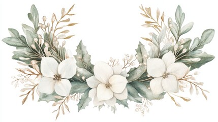 Fototapeta premium Elegant Watercolor Christmas Wreath Featuring Sage Green Cypress Branches, White Hydrangeas, and Soft Pink Winter Blossoms with Muted Gold Accents on a White Background, Perfect for Holiday Designs.