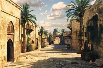 3D rendering showcasing the historic architecture of an ancient Middle Eastern city, highlighting