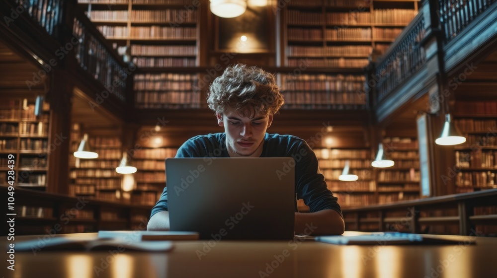 Poster a man is sitting at a desk in a library with a laptop open in front of him