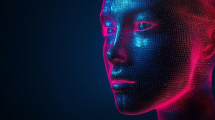 Artificial intelligence face emerging from glowing particles