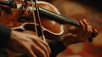 Fototapeta premium Close-up of a Violinist's Hands Holding a Violin and Bow