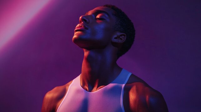 A man with a sweat on his face is standing in front of a purple background