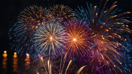A fireworks display with a blue, red, and yellow firework