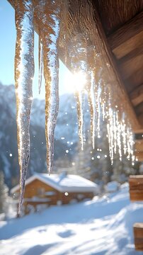 Close-up of shimmering icicles hanging from a rustic wooden eave, with sunlight illuminating the icy formations against a backdrop of snow-covered mountains.