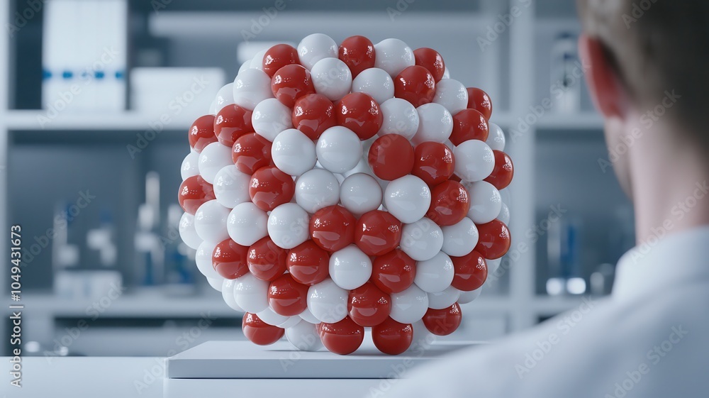 Aufkleber a molecular structure model is displayed against a lab background, showcasing a combination of red a