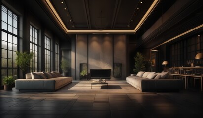 Obraz premium living room with a fireplace and a large window
