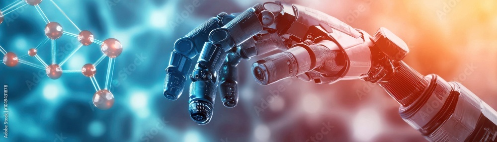 Poster a robotic hand reaches towards digital connections, symbolizing the intersection of technology and s