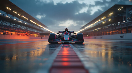 Race Car on Wet Track at Sunset.