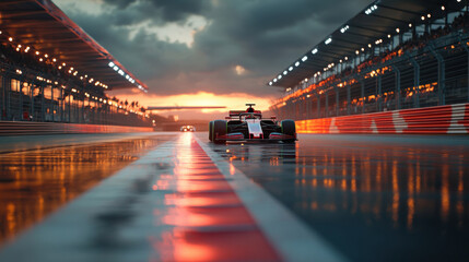 Race car driving on wet track at sunset.