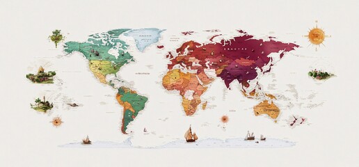 Obraz premium Detailed world map with continents and countries in colorful tones.
