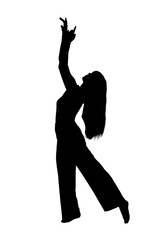 A silhouette of a woman joyfully dancing with her arms raised high in the air