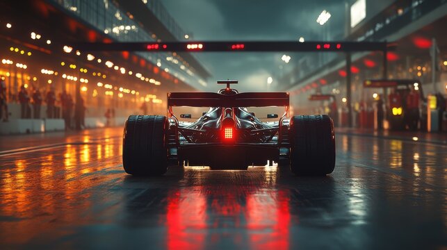 Race Car On Wet Track At Night.