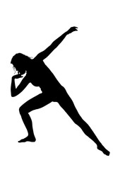 An elegant silhouette of a woman dancing against a white background