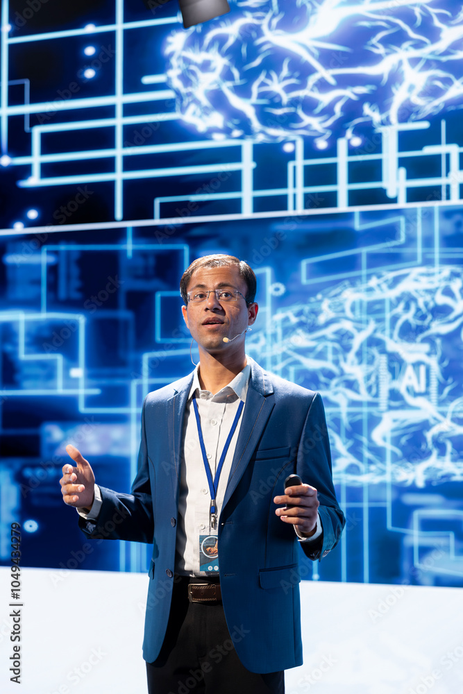 Poster computer scientist speaking at tech event, explaining impact of ai technology using ar visualization