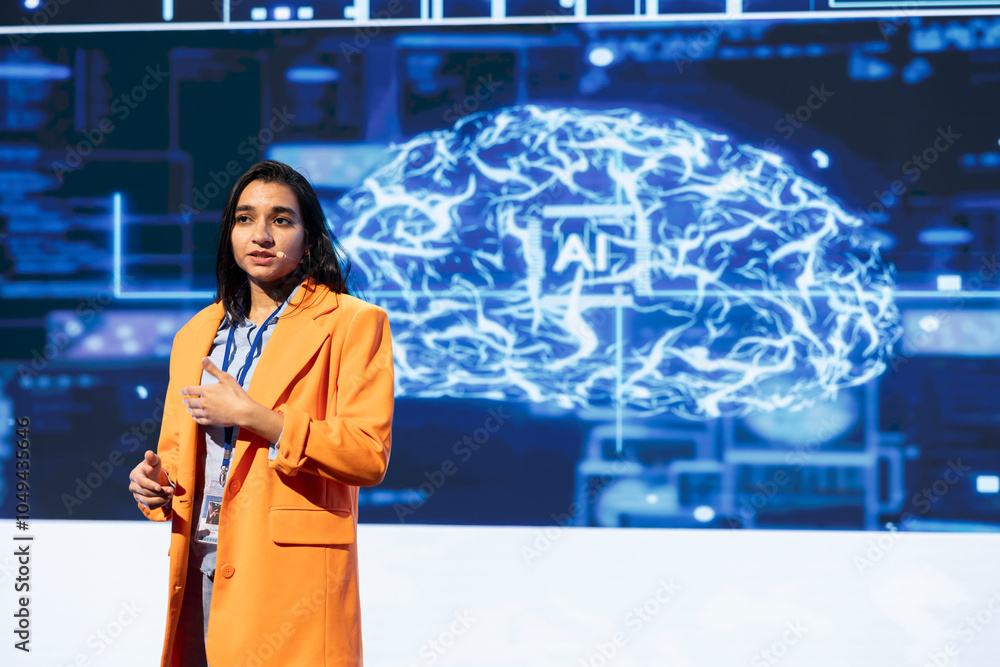 Poster technology company ceo using conference as platform to present latest ai services. it expert uses mi