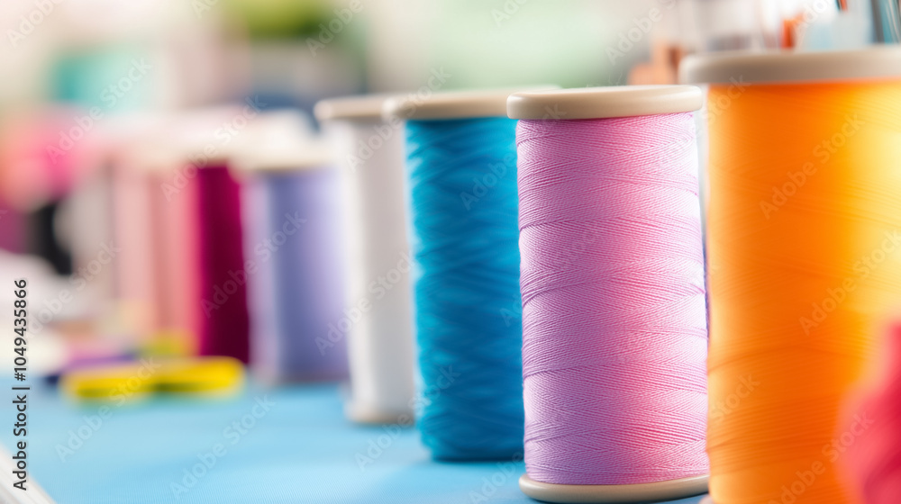 Poster brightly colored threads and fabrics are neatly arranged in a workshop, showcasing the art of textil