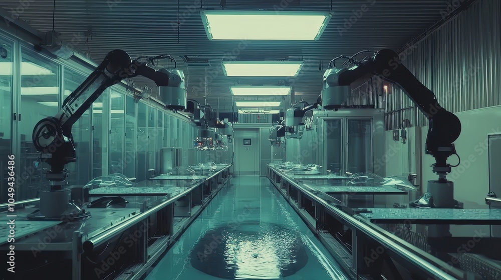Poster automated factory floor with robotic arms in action