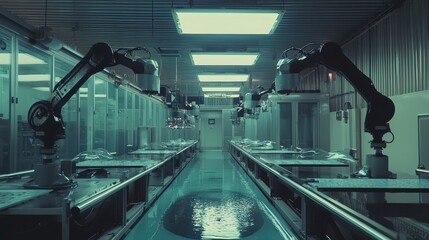 Automated Factory Floor with Robotic Arms in Action