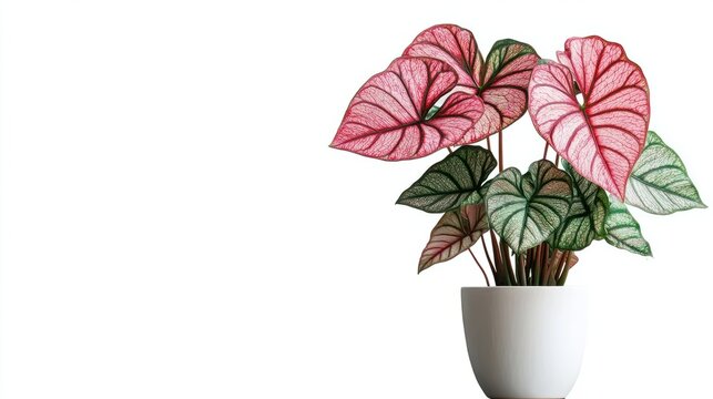 a potted caladium with large heart-shaped leaves in shades of red and green, standing out against a clean white backdrop, filling the frame.