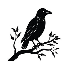 Halloween Raven on Branch vector silhouette with white background