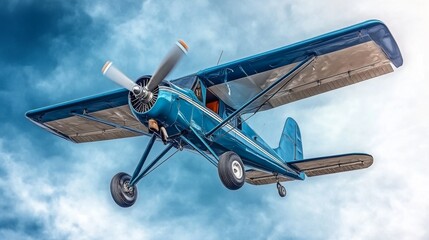 Single engine ultralight prop plane flying in the blue sky with white clouds