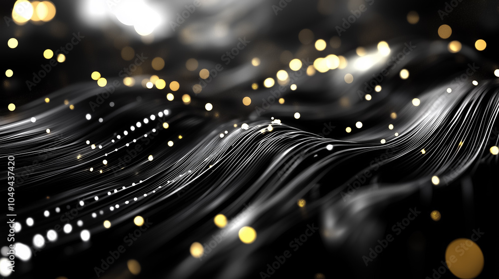Poster a visual representation of data streams flows elegantly with shimmering lights and waves on a dark b