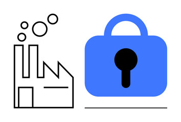 Black outlined factory emitting smoke on left, blue lock with closed keyhole on right. Ideal for industrial protection, cybersecurity, manufacturing safety, data privacy, online security. Simple