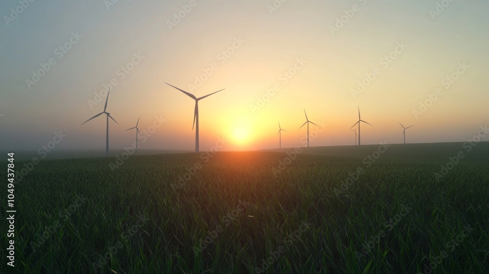 Poster a field of wind turbines with the sun setting in the background