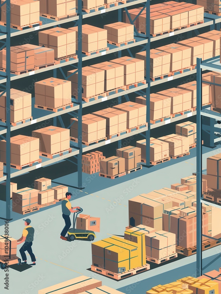 Leinwandbilder workers are moving boxes and pallets around a busy warehouse that is stocked with shelves full of va