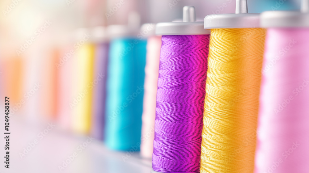 Poster various colorful threads are neatly arranged in a vibrant textile workshop, ready for sewing and cra
