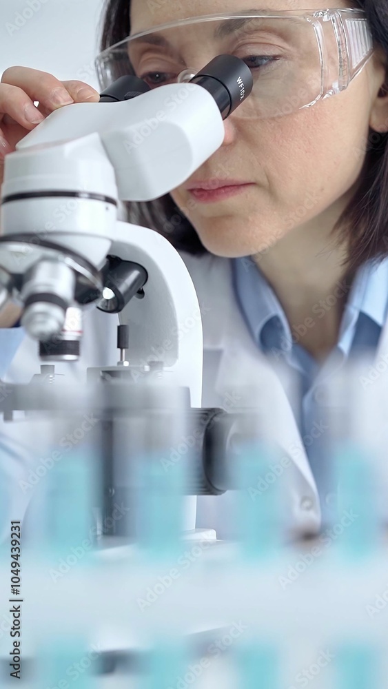 Wall mural scientist using microscope in laboratory. close up on a woman face in lab goggles analyzing samples 