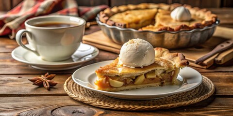 Fototapeta premium A slice of warm apple pie with a scoop of vanilla ice cream on top, resting on a white plate, beside a cup of tea on a rustic wooden table.
