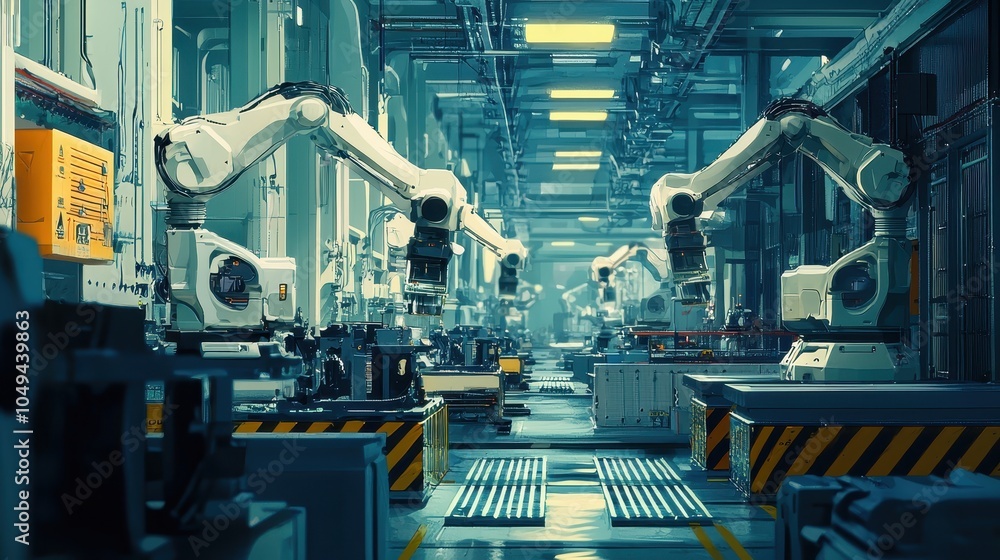 Poster automated robotics in modern factory setup
